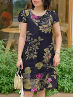 Vestido Floral Mujer Manga Corta Vintage Cuello Redondo