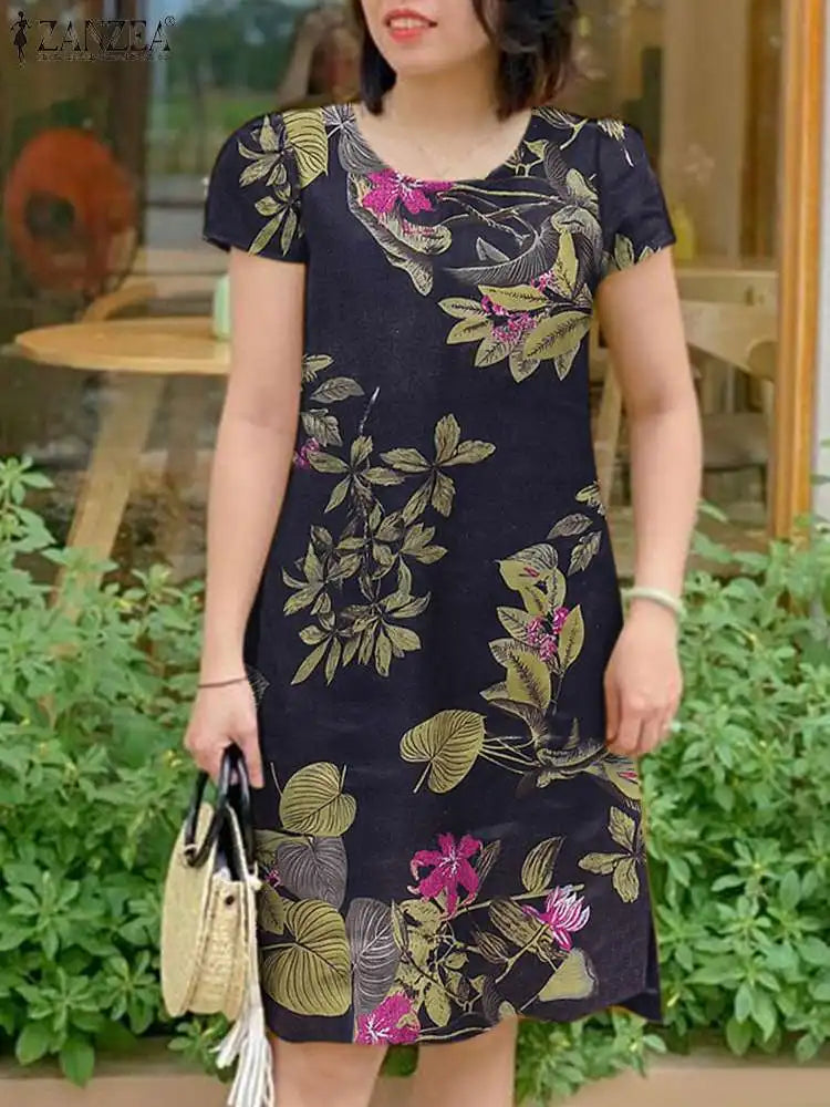 Vestido Floral Mujer Manga Corta Vintage Cuello Redondo