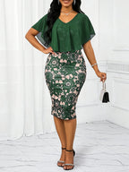 Robe midi élégante en mousseline fleurie moulante à volants pour femme