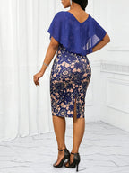 Robe midi élégante en mousseline fleurie moulante à volants pour femme