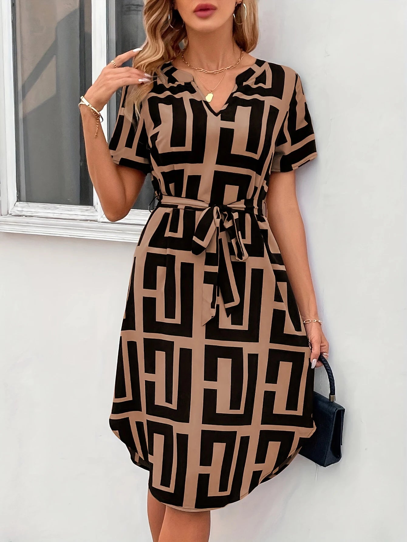 Plaid V-Neck Short Sleeve Dress with Belt Elegant