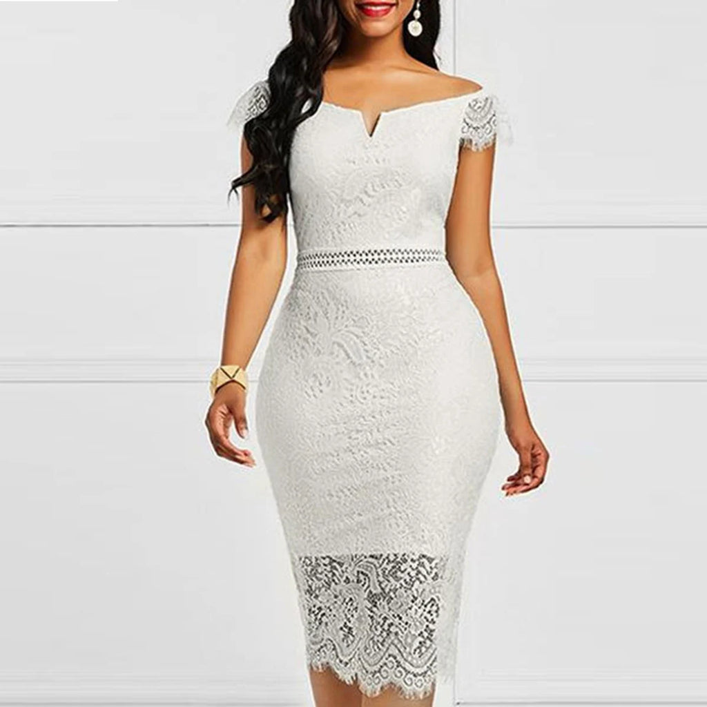 Women's Casual Lace V-Neck Short Sleeve Slim Fit Dress