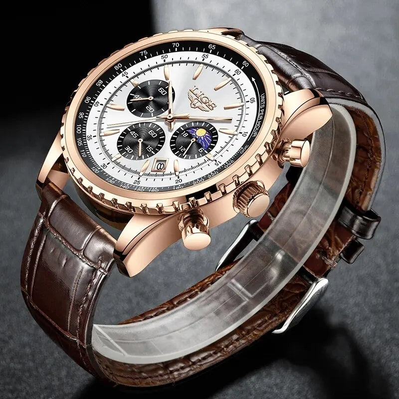 Reloj Hombre LIGE Cuarzo Cuero Deportivo Resistente al Agua + Caja