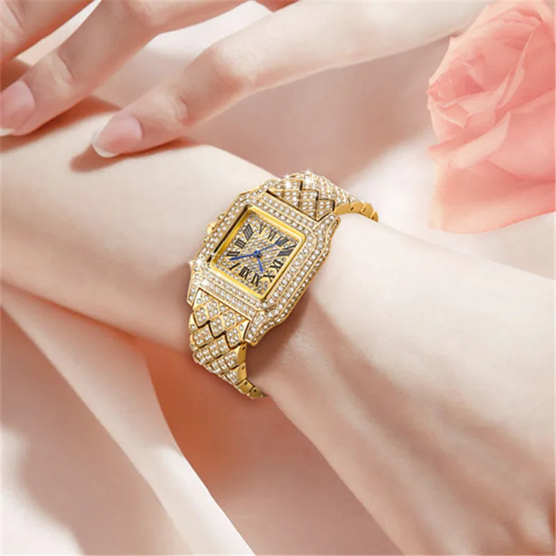 Reloj Lujo Dorado con Diamantes Hip Hop para Mujer
