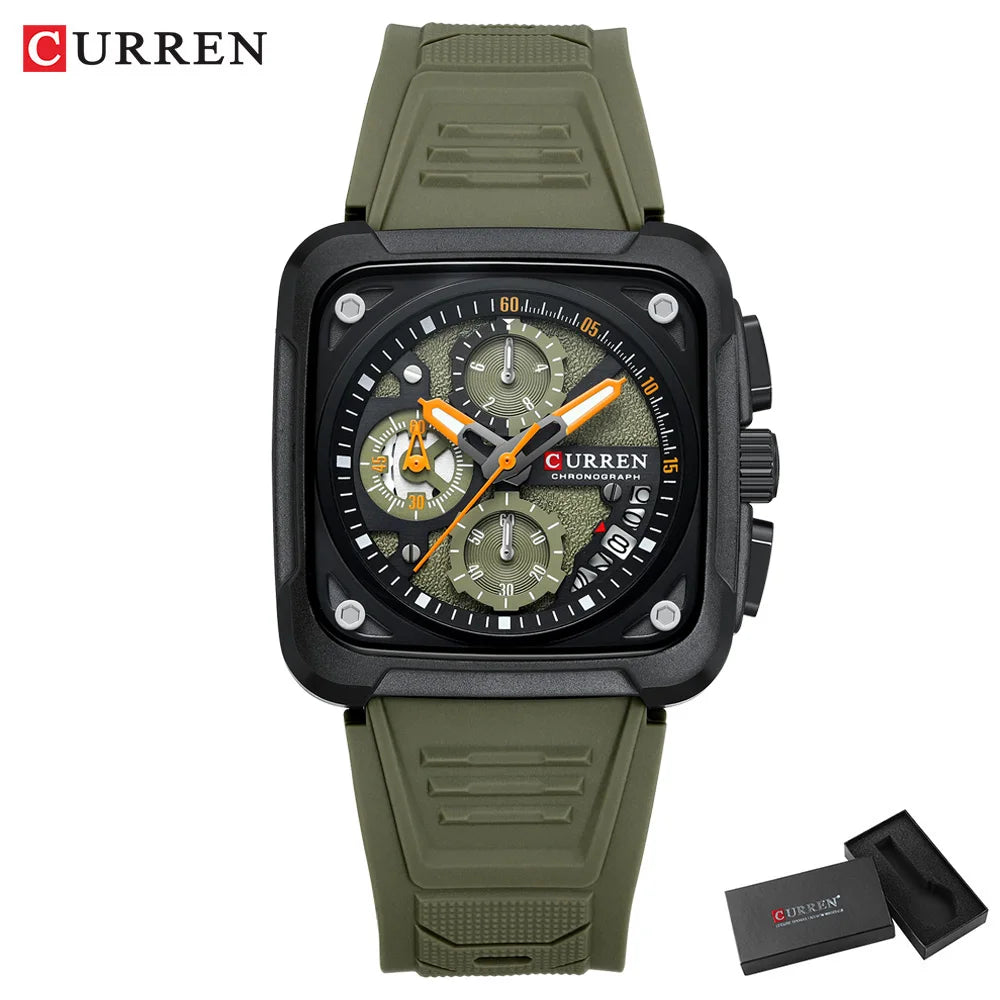 Reloj de Cuarzo CURREN 8461 Cuadrado Para Hombre con Cronógrafo, Correa de silicona