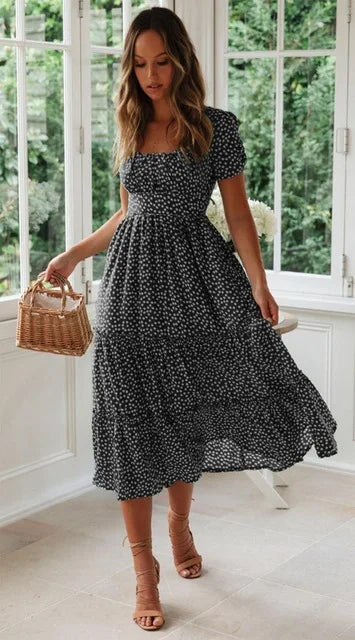 Vestido Maxi Estampado Floral Vintage Manga Abullonada