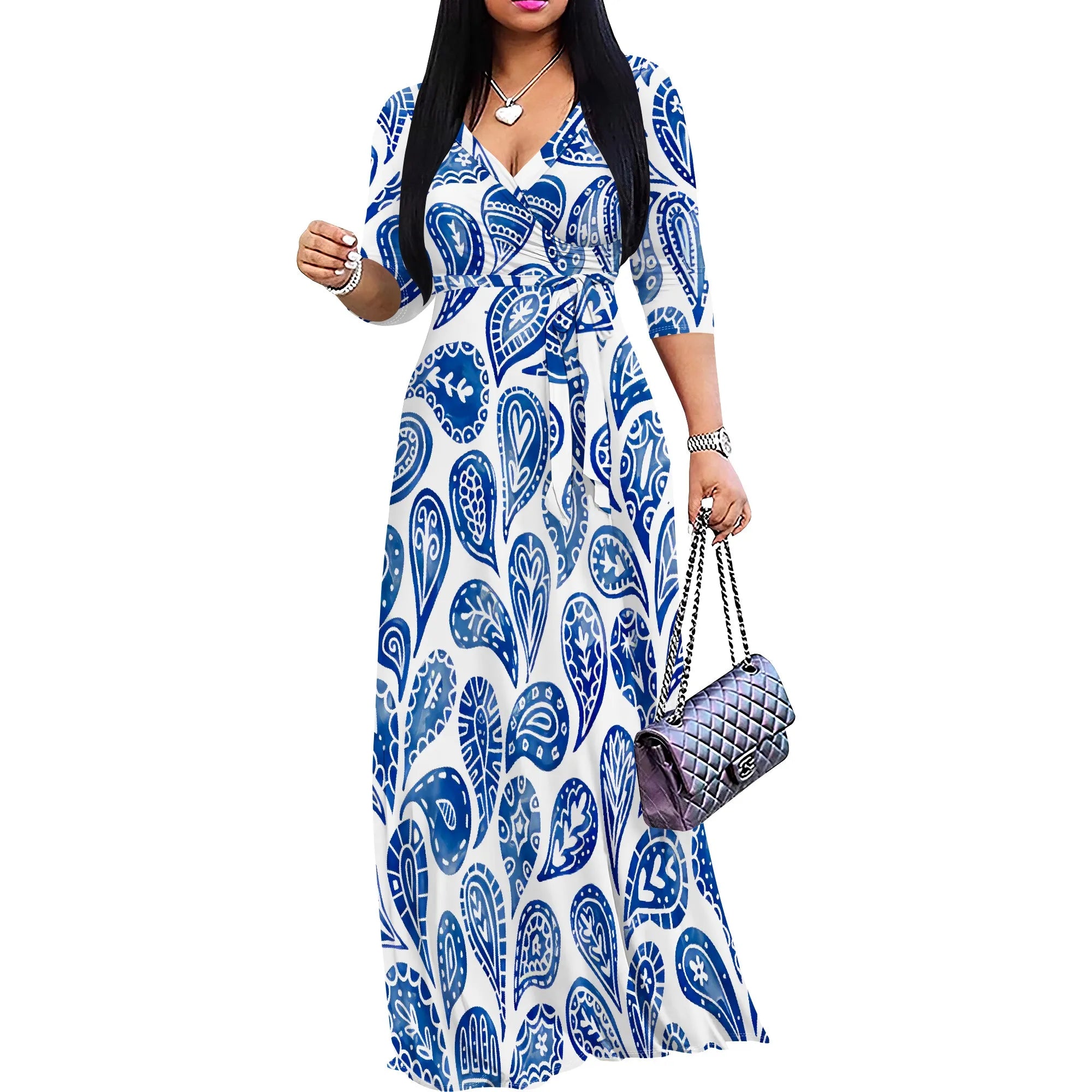 Vestido Maxi Mujer Talla Grande Estampado Manga 3/4 con Cinturón
