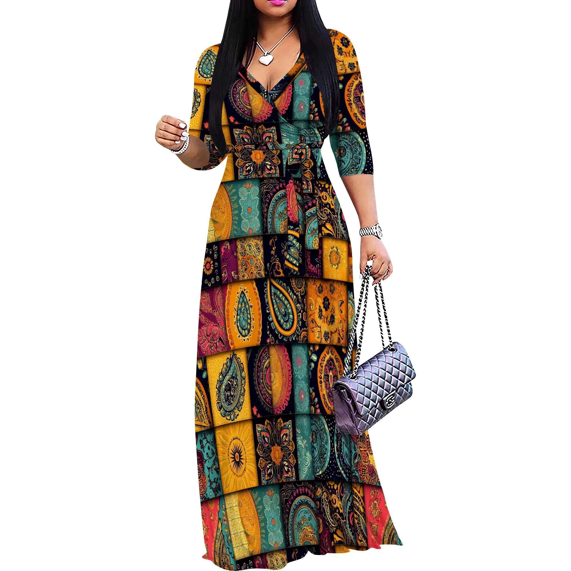 Vestido Maxi Mujer Talla Grande Estampado Manga 3/4 con Cinturón