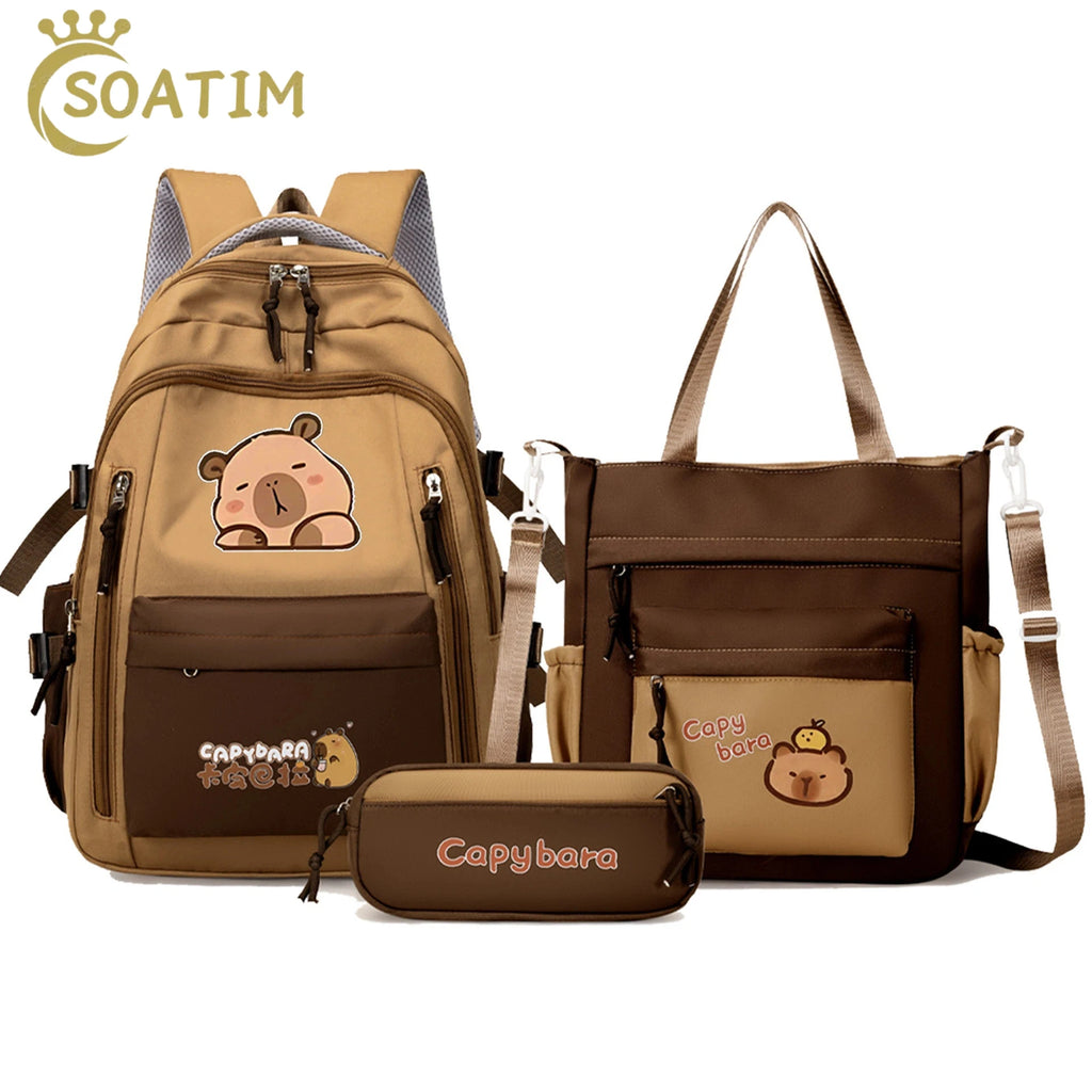 Mochila Escolar Kawaii Capybara – Set 3 Piezas para Niñas