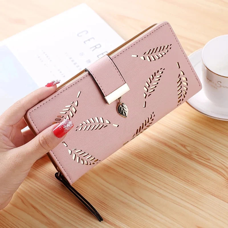 Cartera Larga Para Mujer Cuero PU Diseño de Hojas