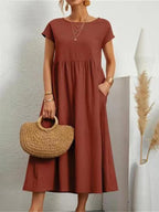 Robe longue élégante manches courtes lin coton ample