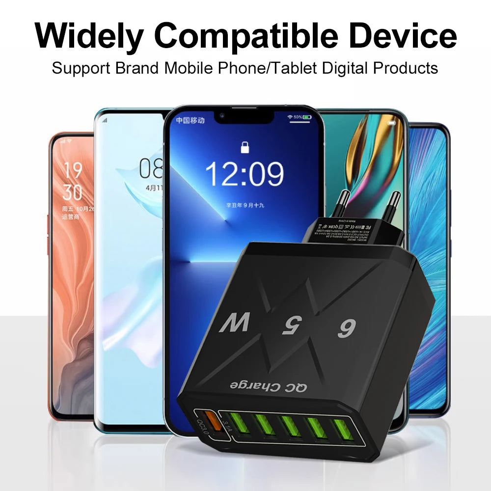 Cargador USB de 6 Puertos de Carga Rápida QC3.0 Para IPhone, Samsung, Xiaomi y Otros Dispositivos