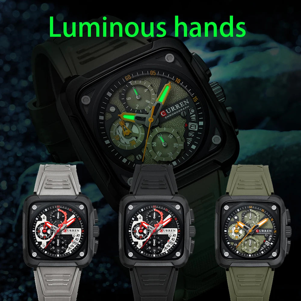 Reloj de Cuarzo CURREN 8461 Cuadrado Para Hombre con Cronógrafo, Correa de silicona
