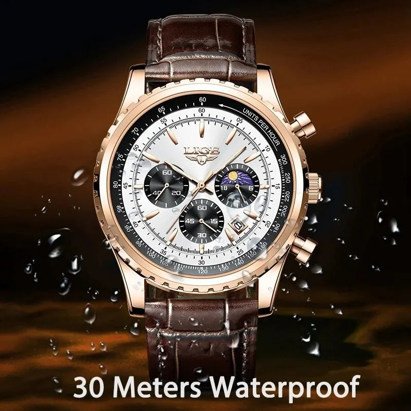 Reloj Hombre LIGE Cuarzo Cuero Deportivo Resistente al Agua + Caja