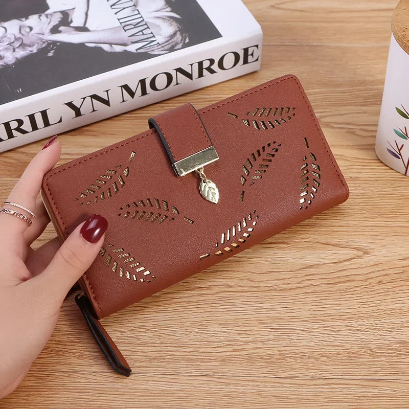 Cartera Larga Para Mujer Cuero PU Diseño de Hojas