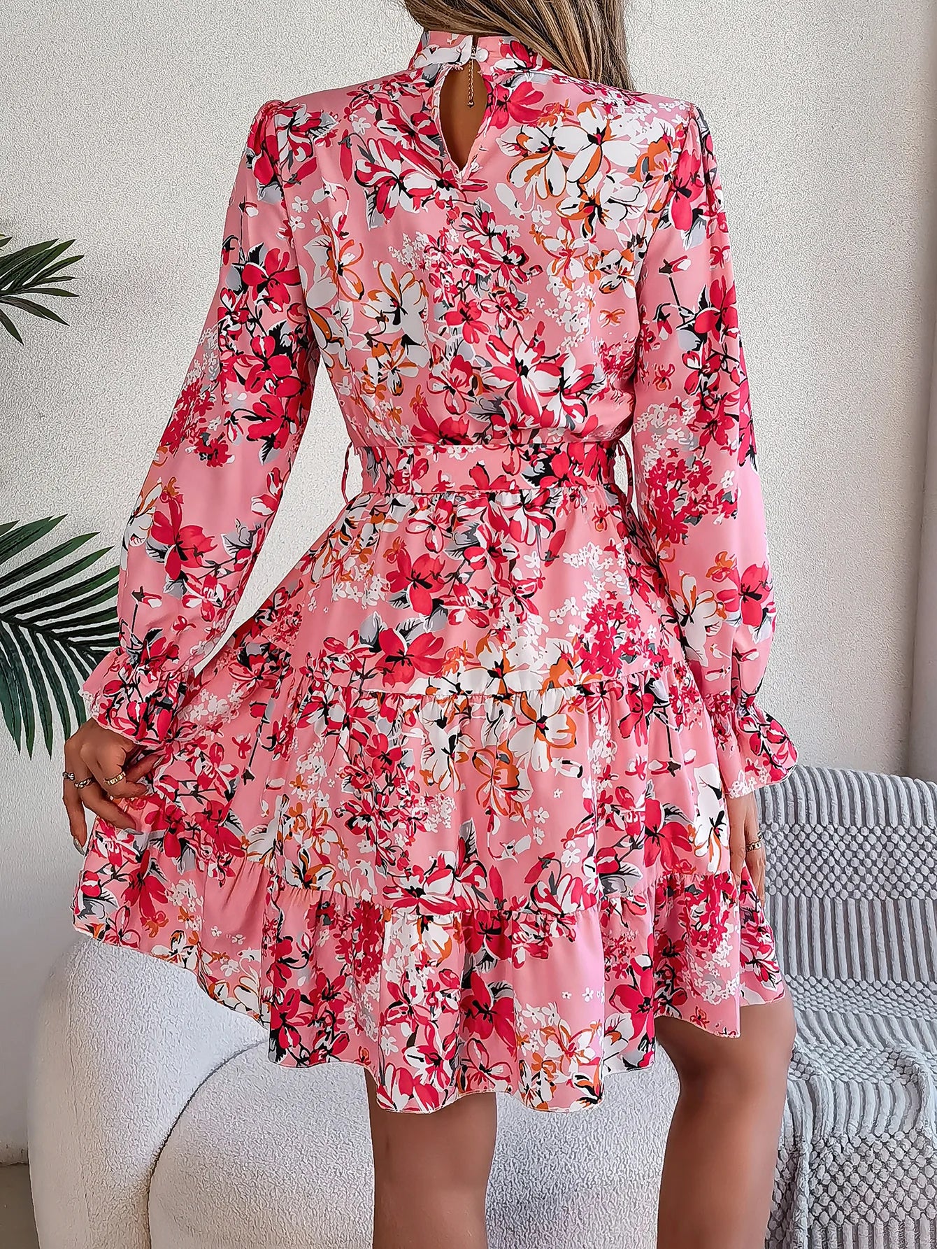 Elegant Floral High-Neck Dress with Belt