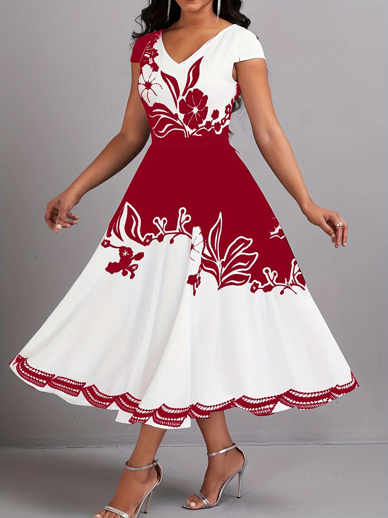 Vestido Mujer Talla Grande Floral Peplum Cuello V Cierre Cremallera