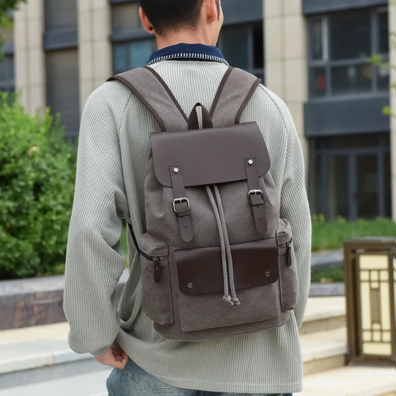 Mochila Canvas Hombre Laptop Retro Cordón Tapa Abatible