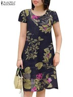 Vestido Floral Mujer Manga Corta Vintage Cuello Redondo