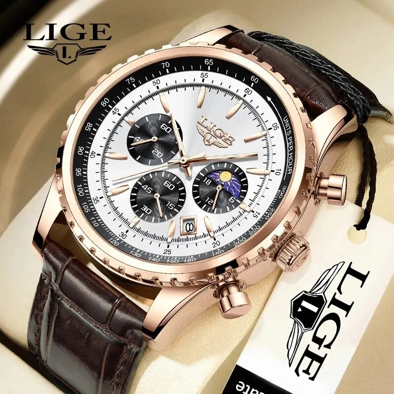 Reloj Hombre LIGE Cuarzo Cuero Deportivo Resistente al Agua + Caja