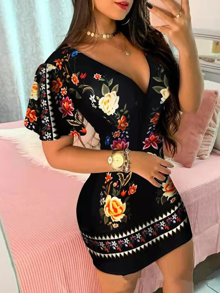 Women's Elegant Floral Bodycon Mini Dress