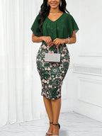 Robe midi élégante en mousseline fleurie moulante à volants pour femme