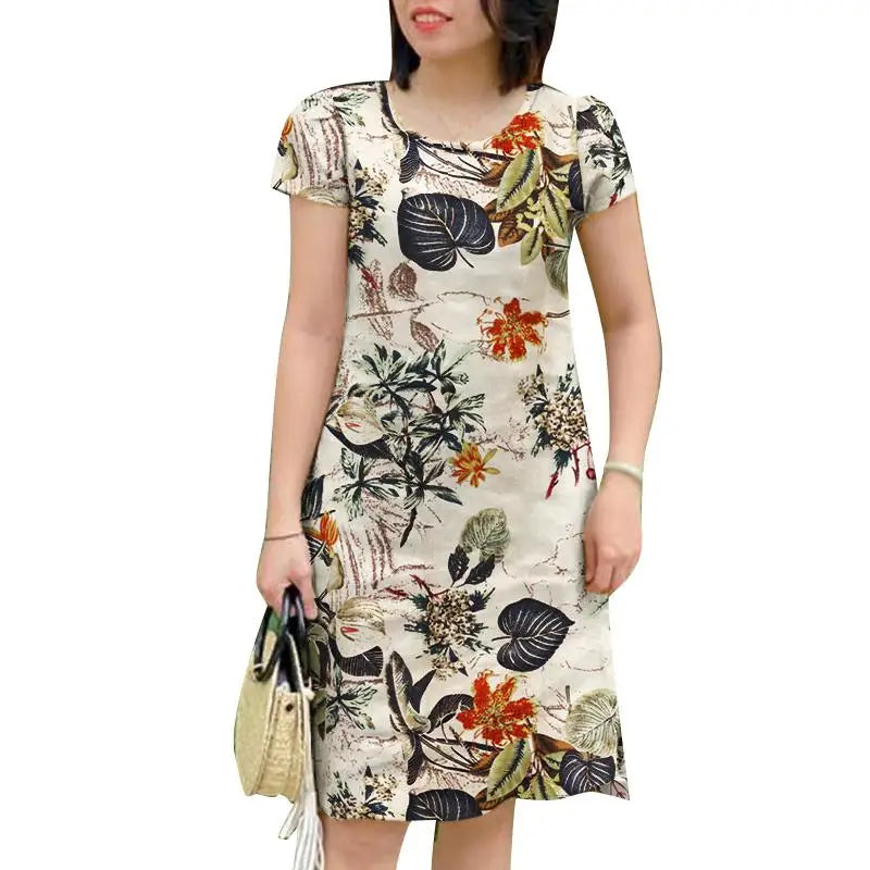 Vestido Floral Mujer Manga Corta Vintage Cuello Redondo