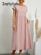 Robe longue élégante manches courtes lin coton ample