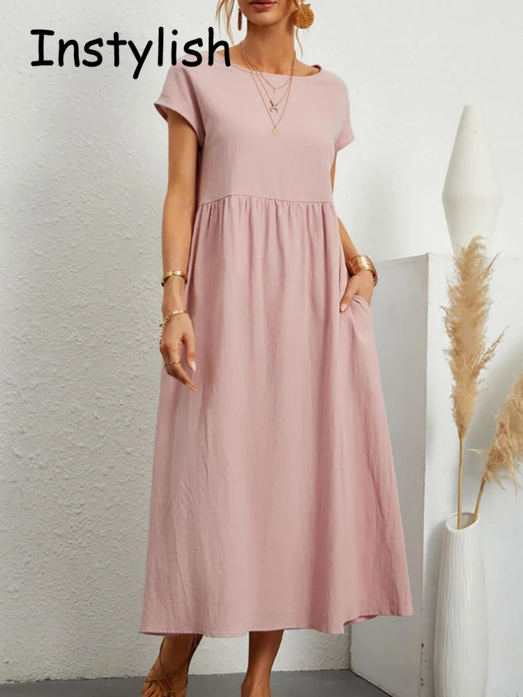 Elegant Maxi Dress Loose Short Sleeve Linen Cotton