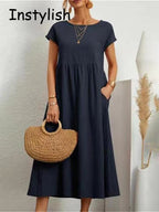 Robe longue élégante manches courtes lin coton ample