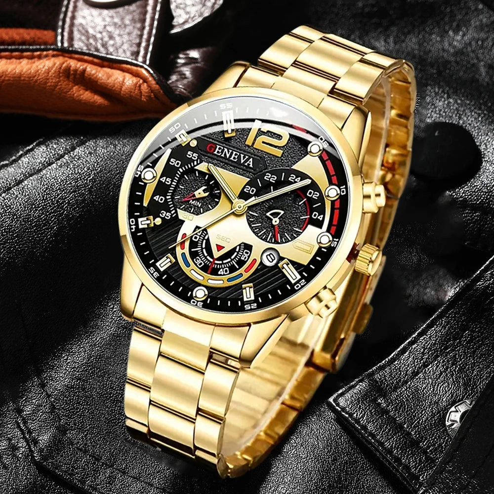 Luxury Black Quartz Stainless Steel Watch with Calendar