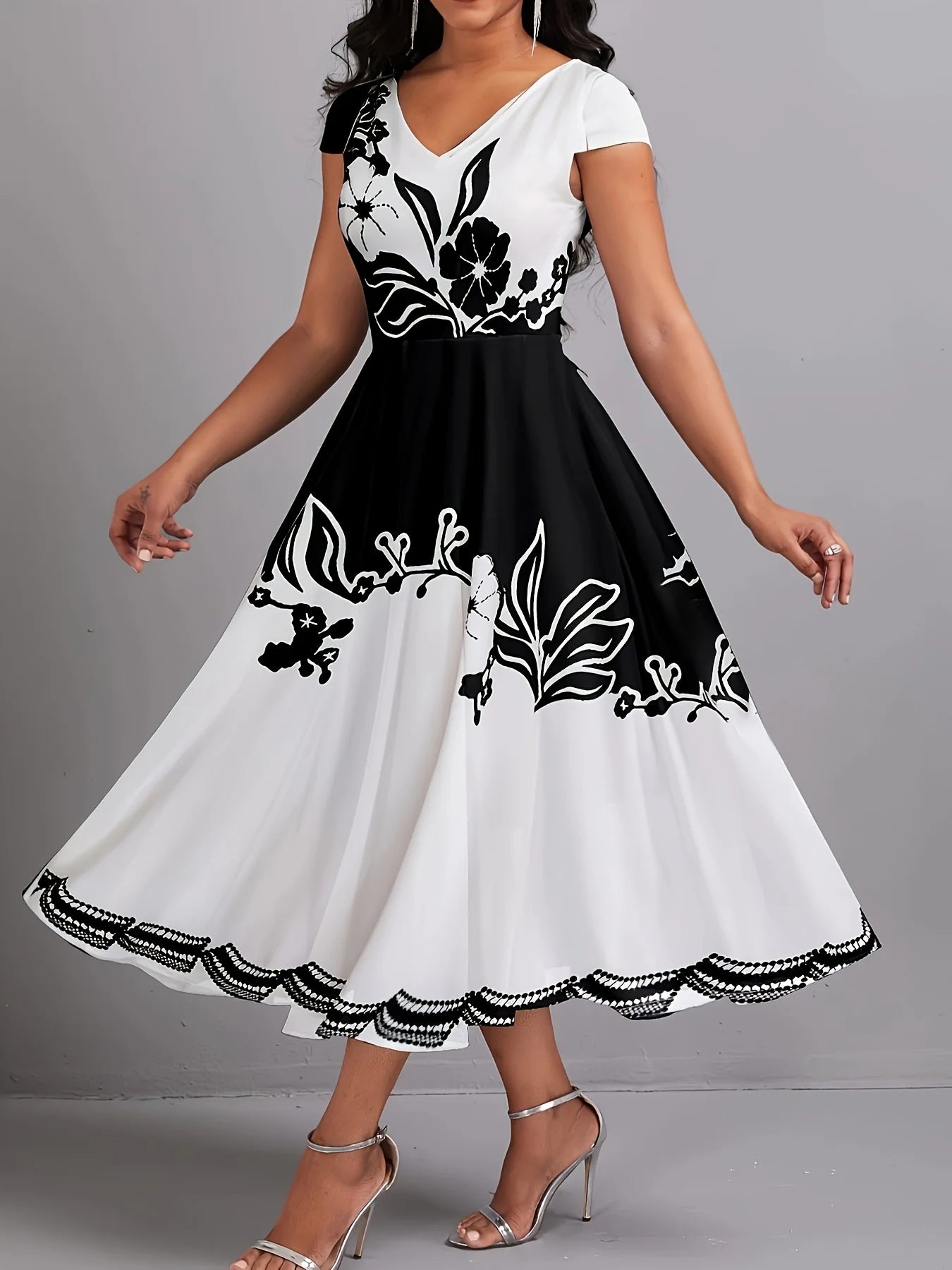 Vestido Mujer Talla Grande Floral Peplum Cuello V Cierre Cremallera