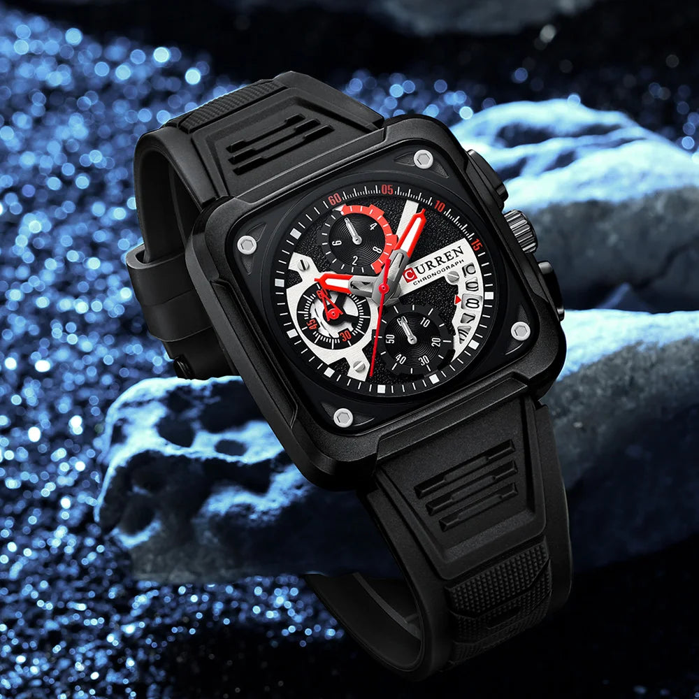 Reloj de Cuarzo CURREN 8461 Cuadrado Para Hombre con Cronógrafo, Correa de silicona