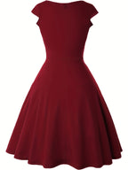 Robe élégante col rond manches courtes taille haute