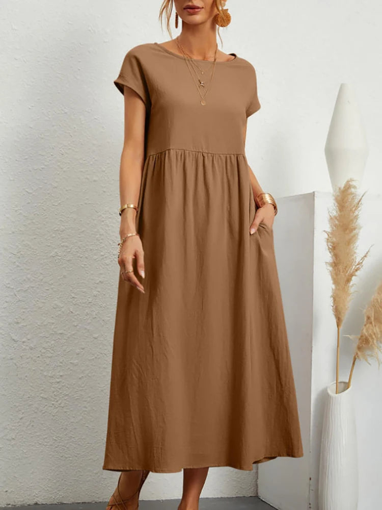 Elegant Short Sleeve Round Neck Maxi Dress