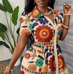 Robe chemise fleurie courte évasée à manches bouffantes