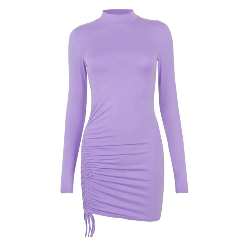 Vestido Ajustado Manga Larga Cuello Redondo Color Sólido