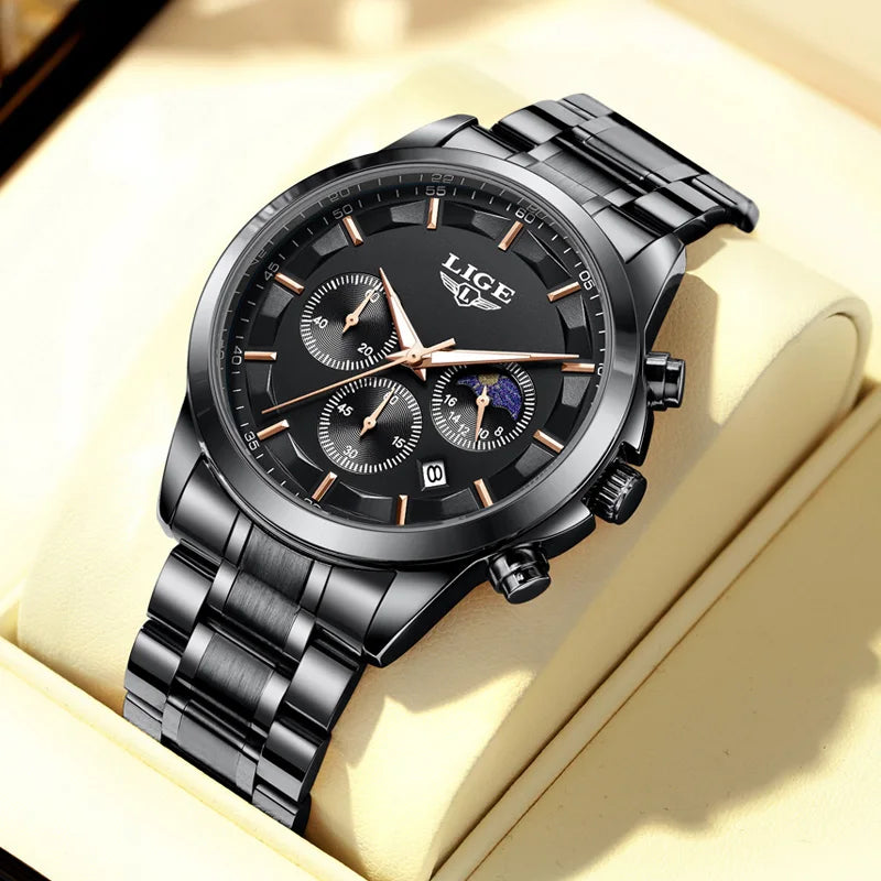 Reloj Hombre LIGE Negocios Cuarzo Cronógrafo Luminoso 3ATM + Caja Regalo