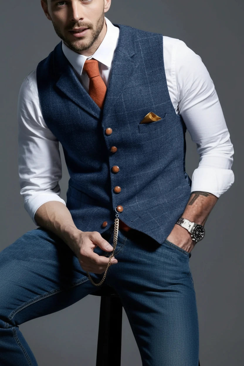 Chaleco Casual Clásico Hombre Tela Tweed Espiga Slim Fit