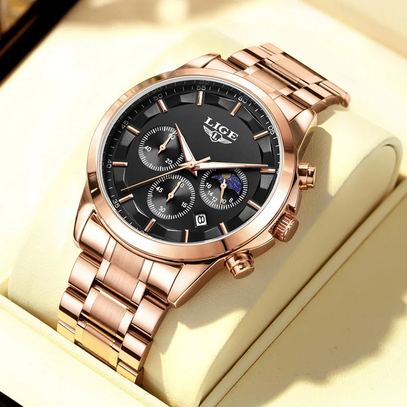 Reloj Hombre LIGE Negocios Cuarzo Cronógrafo Luminoso 3ATM + Caja Regalo