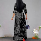 Robe longue femme grande taille imprimée manches 3/4 avec ceinture