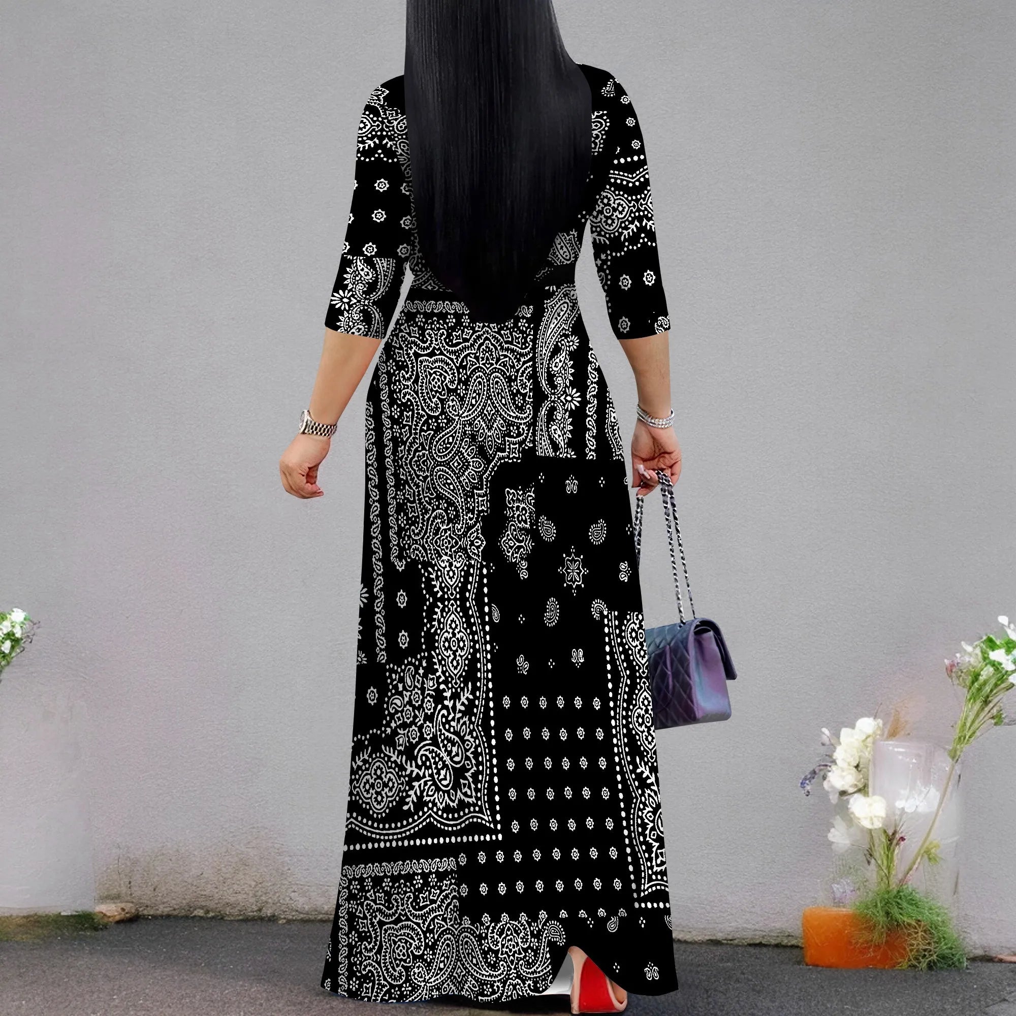 Vestido Maxi Mujer Talla Grande Estampado Manga 3/4 con Cinturón