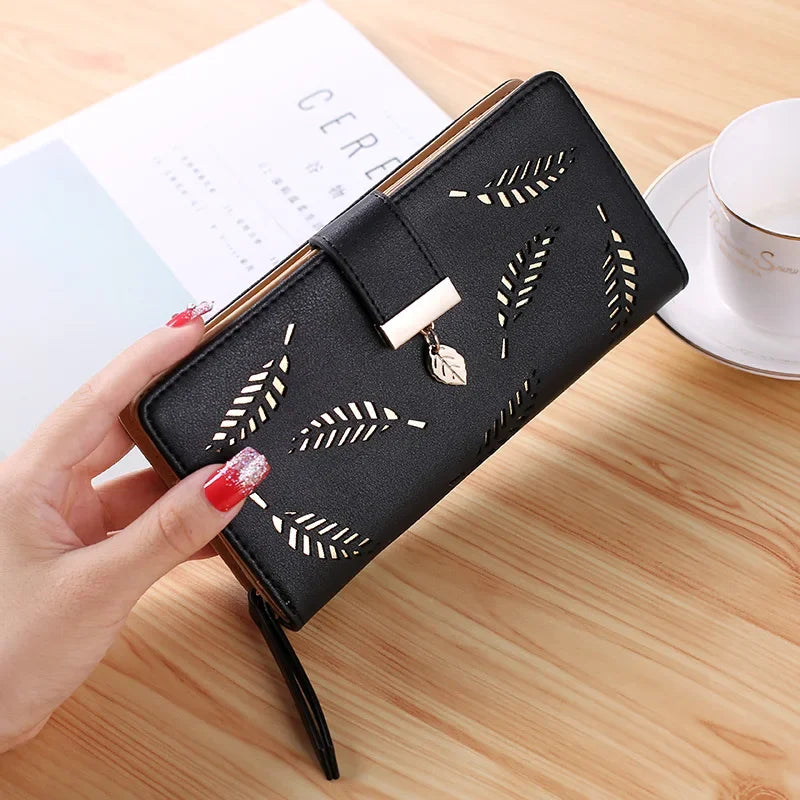 Cartera Larga Para Mujer Cuero PU Diseño de Hojas