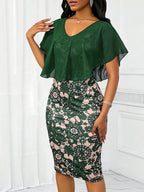 Robe midi élégante en mousseline fleurie moulante à volants pour femme