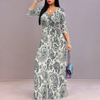 Robe longue femme grande taille imprimée manches 3/4 avec ceinture