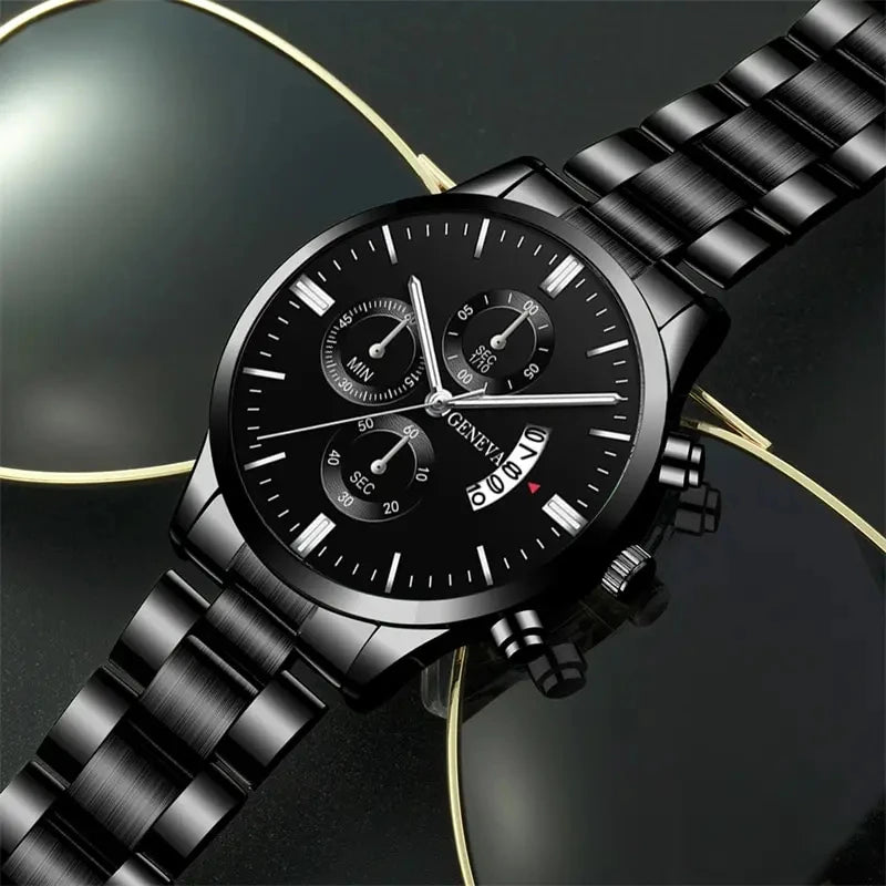 Luxury Black Quartz Stainless Steel Watch with Calendar