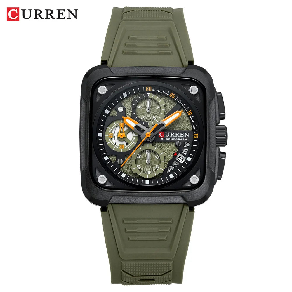 Reloj de Cuarzo CURREN 8461 Cuadrado Para Hombre con Cronógrafo, Correa de silicona