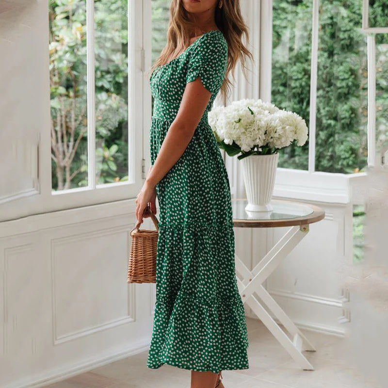 Vintage Floral Print Puff Sleeve Maxi Dress