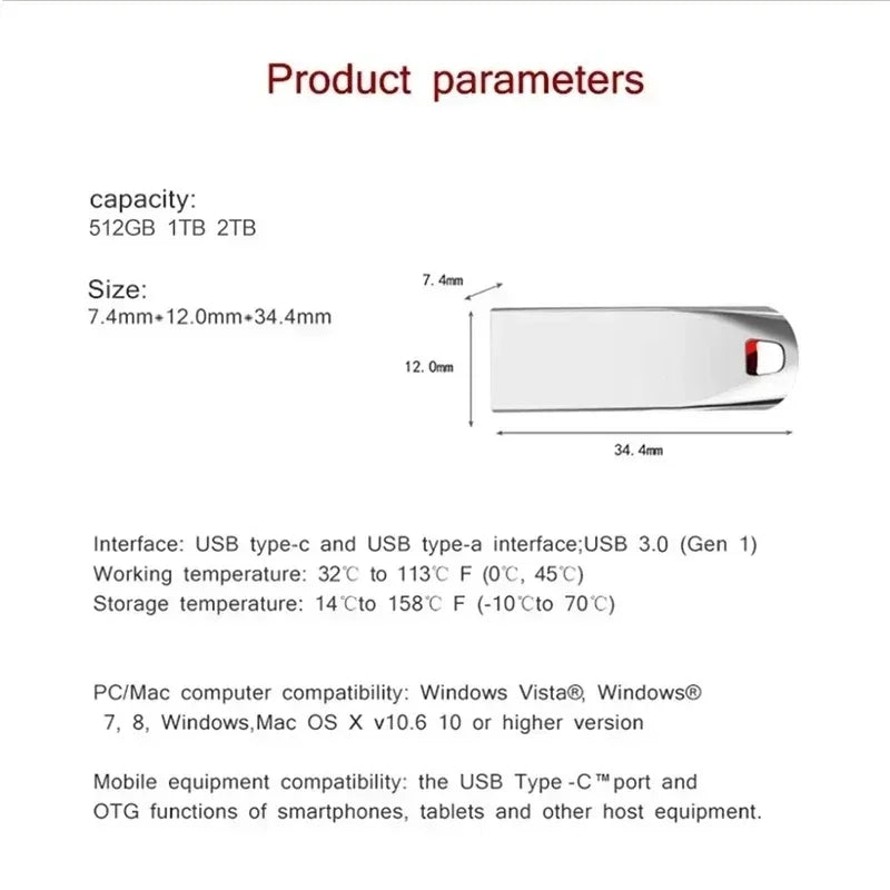 USB 3.0 Metal Waterproof Portable Flash Drive 512GB 1TB 2TB