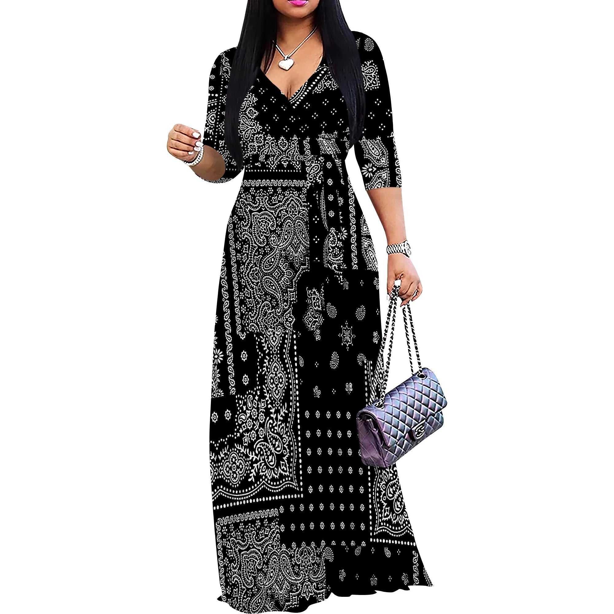 Vestido Maxi Mujer Talla Grande Estampado Manga 3/4 con Cinturón